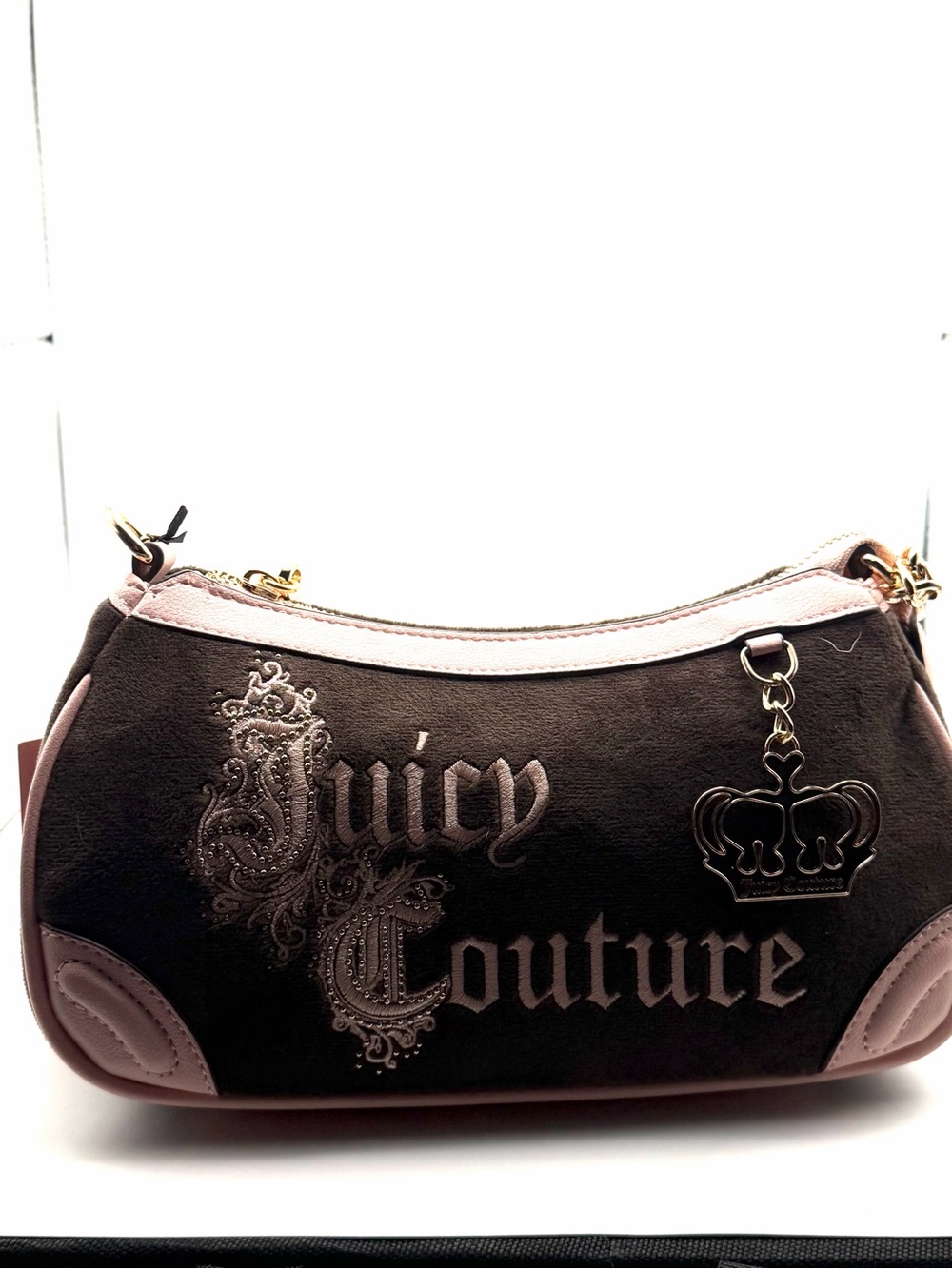 Juicy Couture Brown with Pink Trim Suede Logo Shoulder Bag